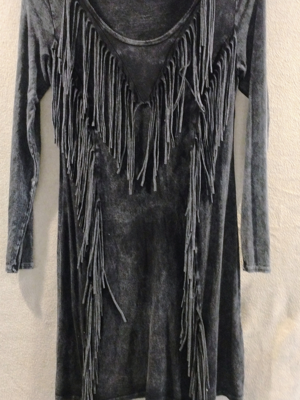 Women's Charcoal Fringe Long-Sleeve Dress